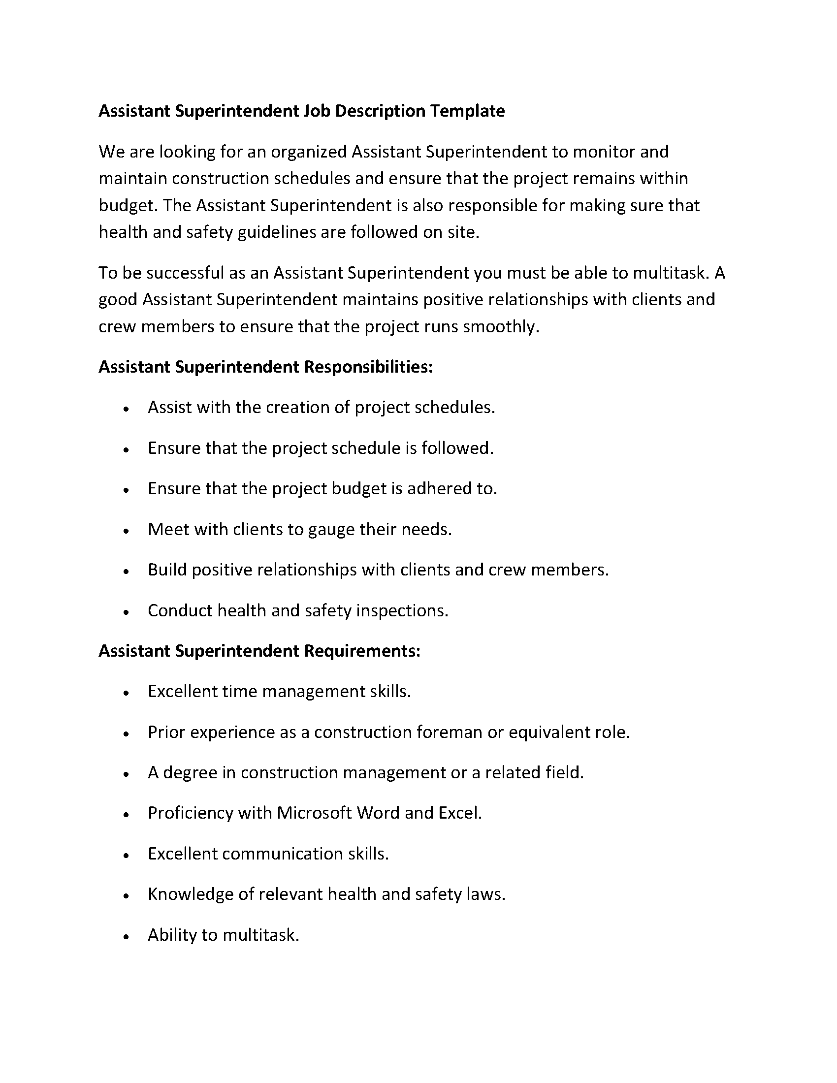 Assistant Superintendent Job Description Template
